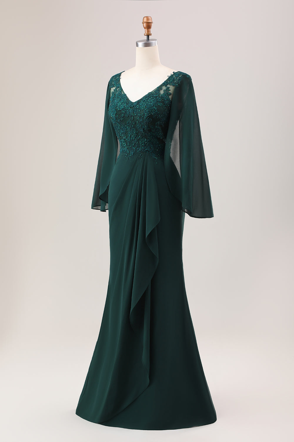 Robe de Mère de la Mariée Sirène Vert Foncé Pailletée en Mousseline à Manches Longues