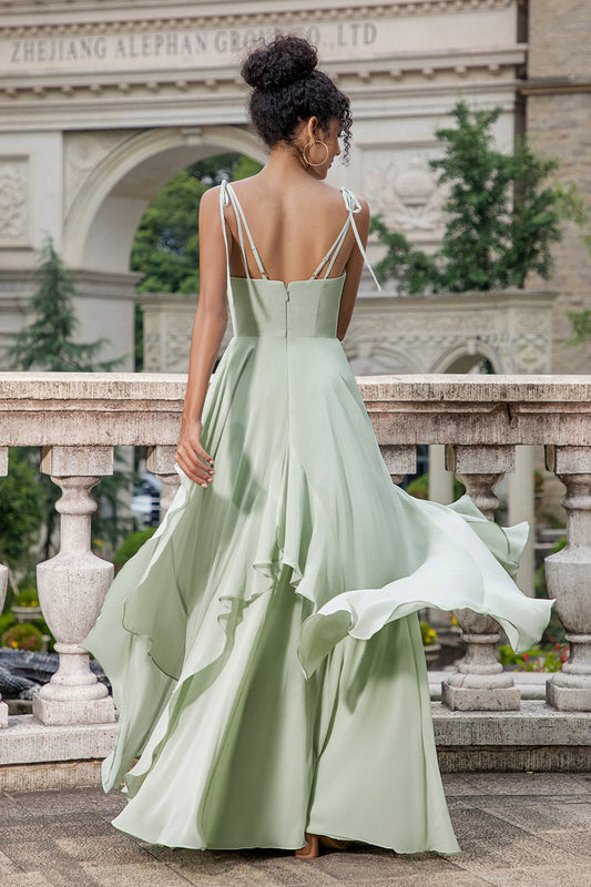 Matcha A-Line Spaghetti Straps Long Bridesmaid Dress with Ruffles