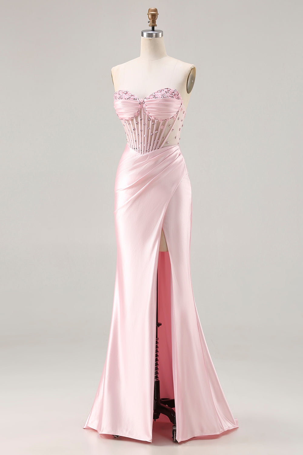 Strapless Pink Mermaid Beaded Long Corset Prom Dress with Slit