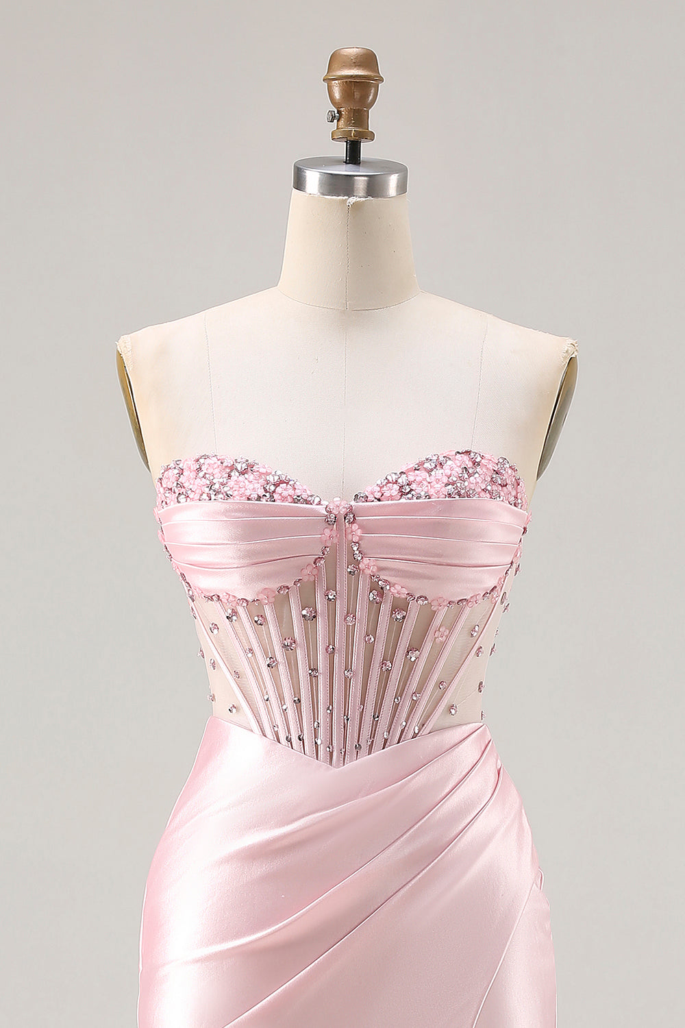 Strapless Pink Mermaid Beaded Long Corset Prom Dress with Slit