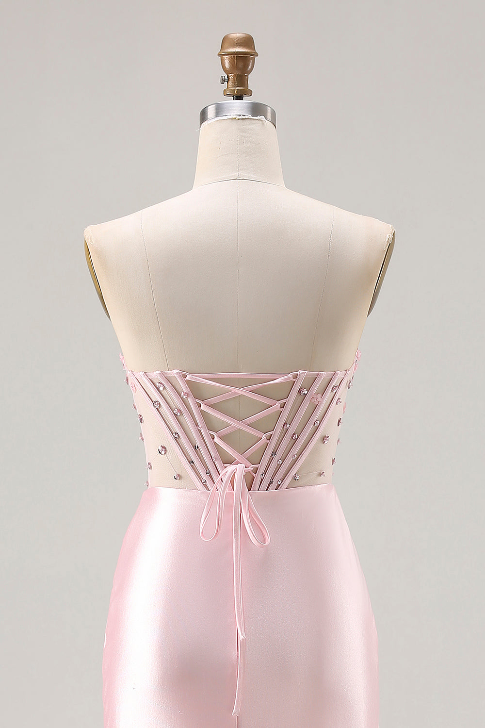 Strapless Pink Mermaid Beaded Long Corset Prom Dress with Slit