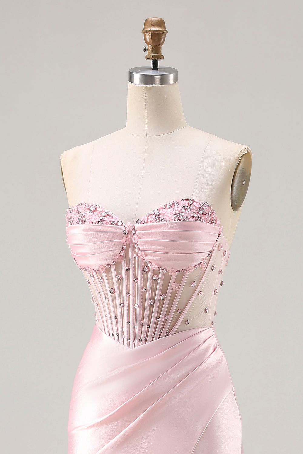 Strapless Pink Mermaid Beaded Long Corset Prom Dress with Slit
