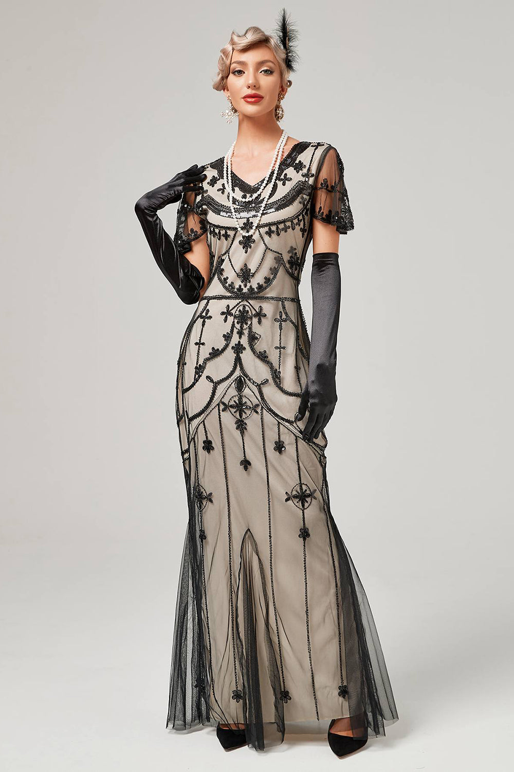 Robe longue noire blush à paillettes des années 20