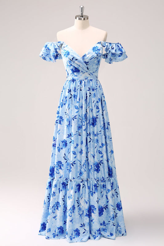 Blue Off-the-Shoulder Floral A-Line Bridesmaid Dress