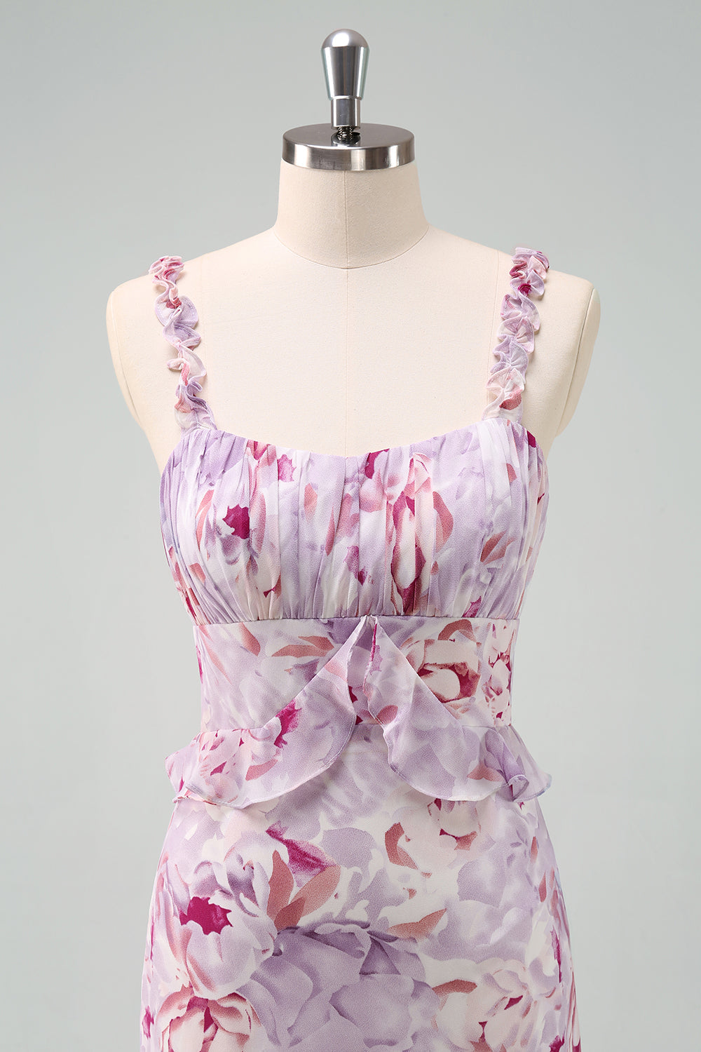 Grey Purple Mermaid Spaghetti Straps Floral Long Bridesmaid Dress