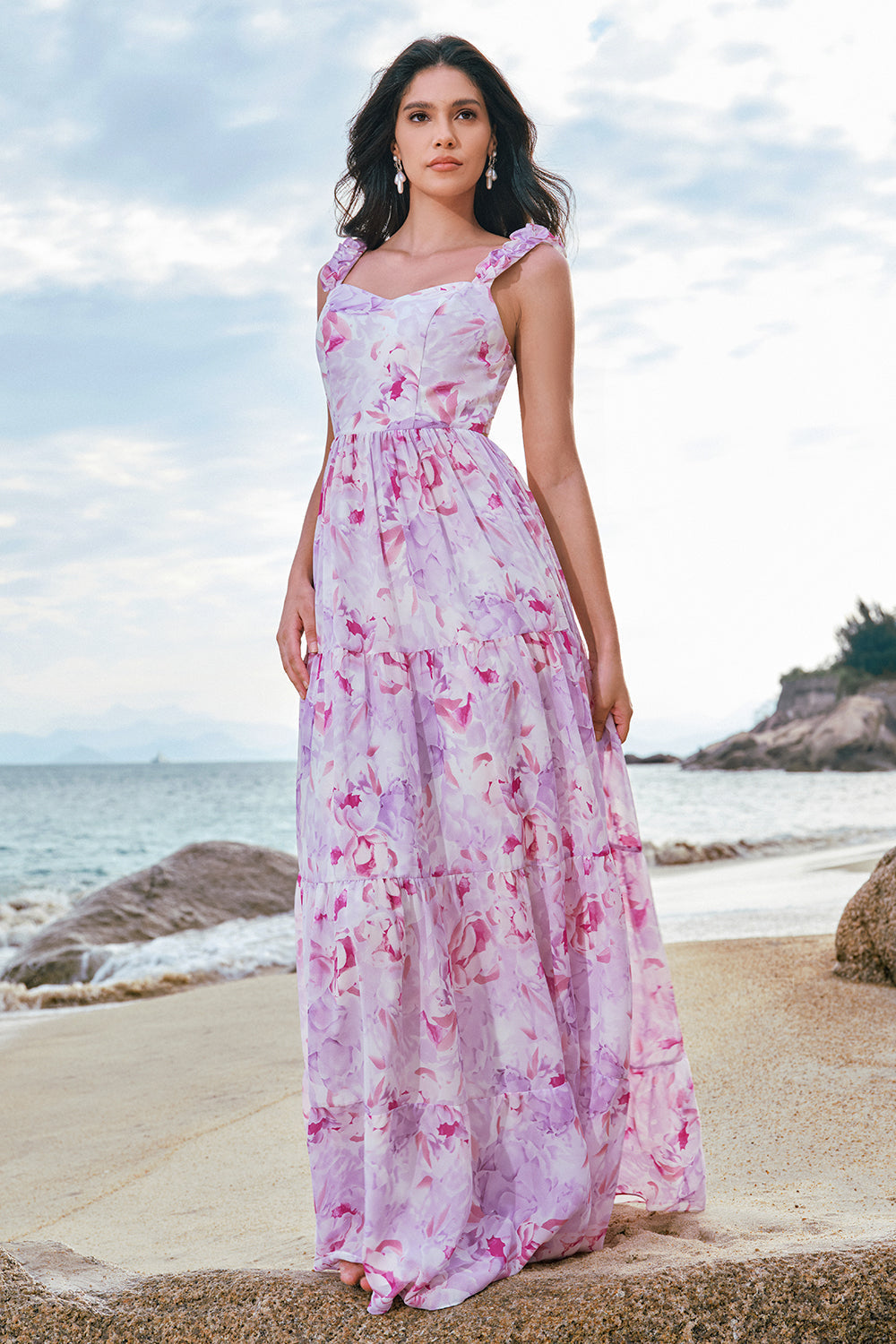 Robe de demoiselle d'honneur trapèze fleurie gris violet à fines bretelles