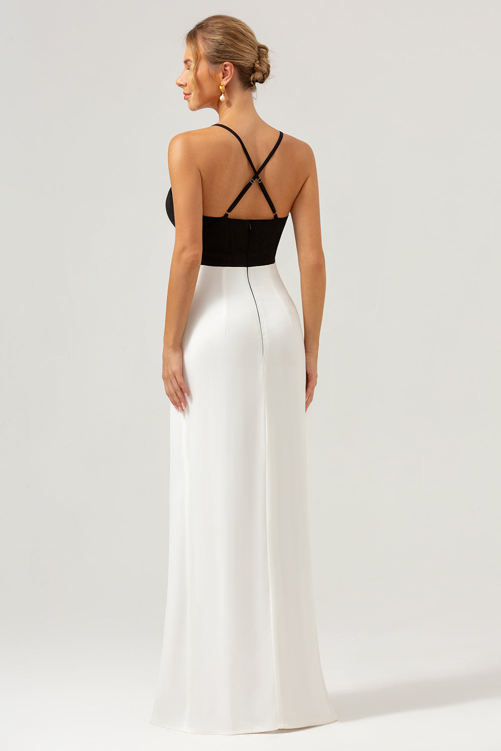 Black and White Sheath Spaghetti Straps V-Neck Long Prom Dress with Front Split