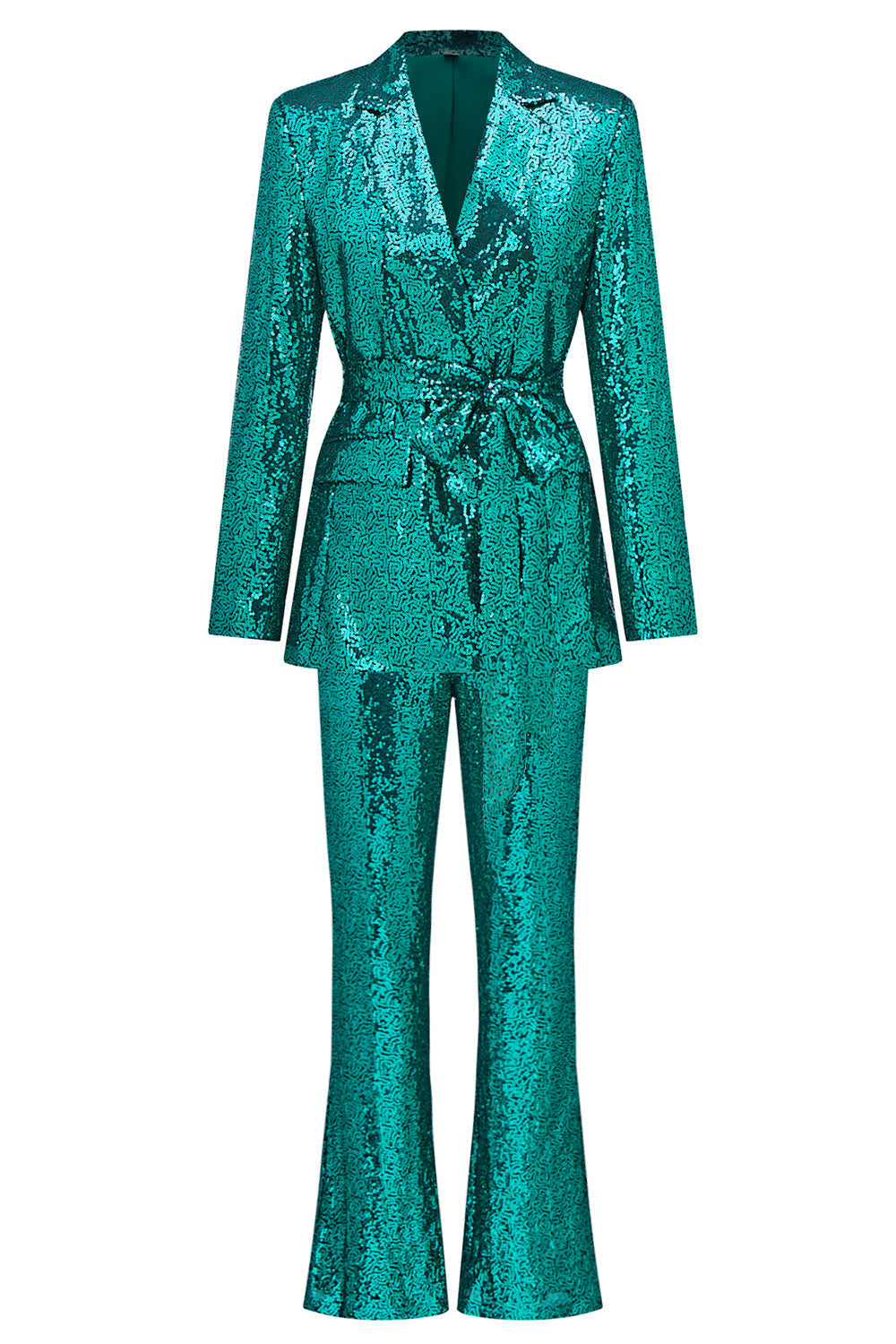 Glitter Green Sequins Notched Lapel Women's Suits with Belt