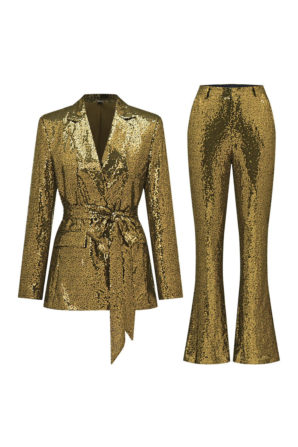 Glitter Green Sequins Notched Lapel Women's Suits with Belt