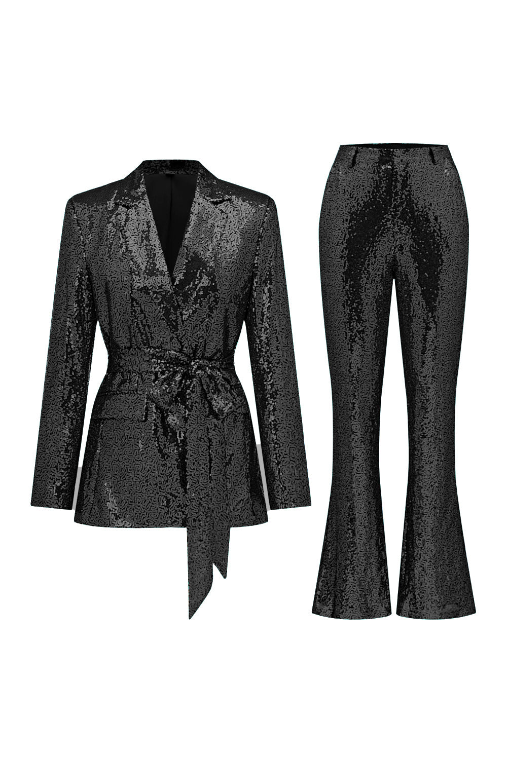 Glitter Green Sequins Notched Lapel Women's Suits with Belt