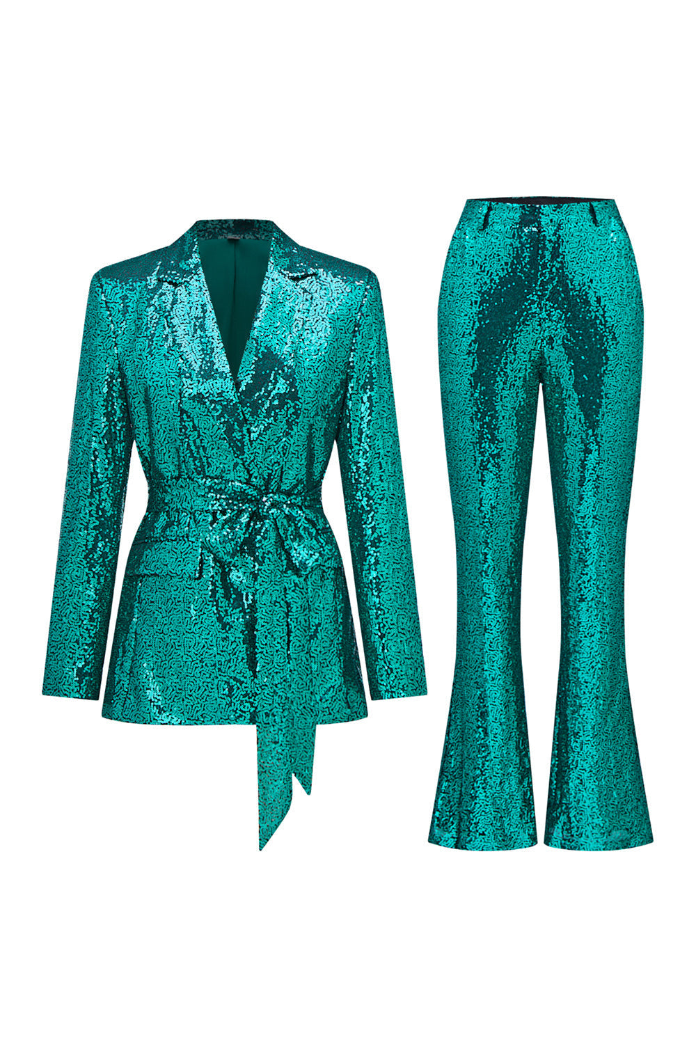 Glitter Green Sequins Notched Lapel Women's Suits with Belt