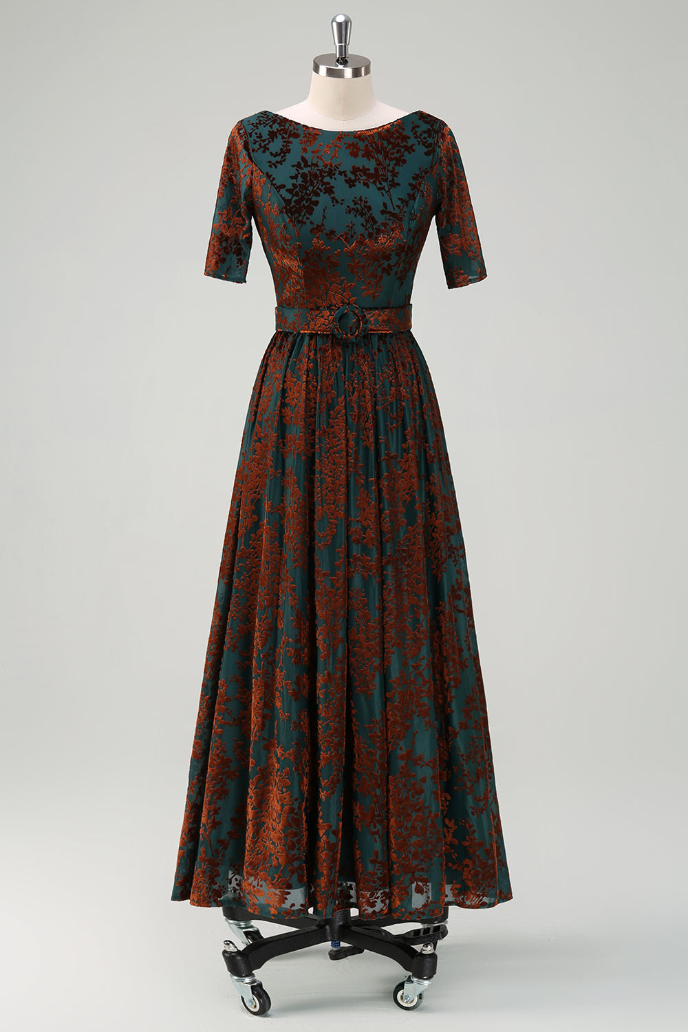 Vestido de Madre de la Novia de Terciopelo Floral Verde Oscuro con Cinturón