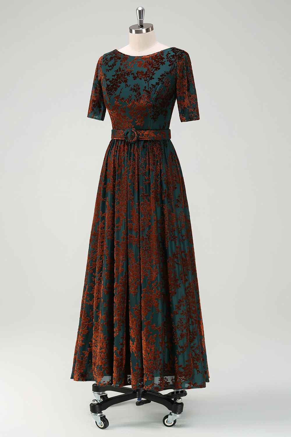 Vestido de Madre de la Novia de Terciopelo Floral Verde Oscuro con Cinturón