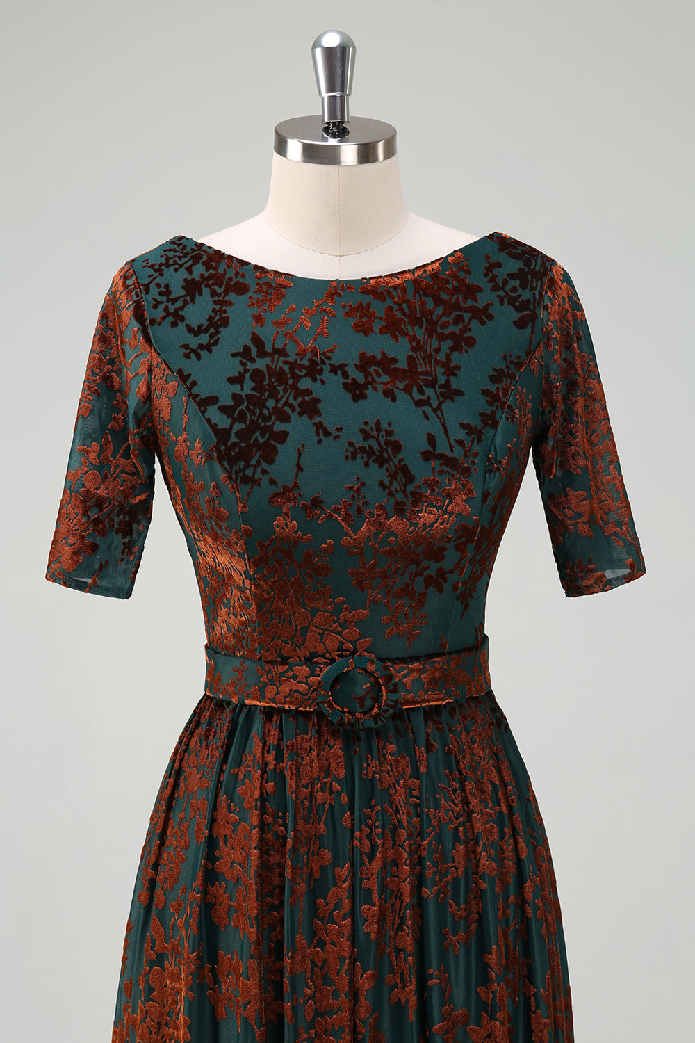 Vestido de Madre de la Novia de Terciopelo Floral Verde Oscuro con Cinturón