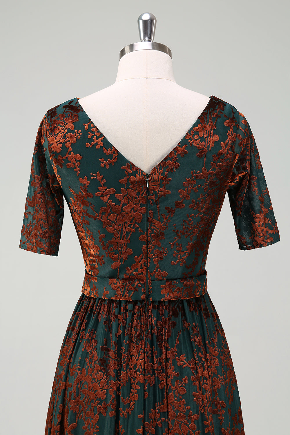 Vestido de Madre de la Novia de Terciopelo Floral Verde Oscuro con Cinturón