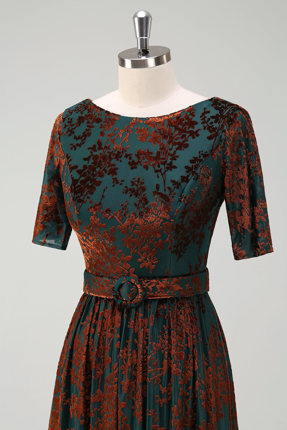 Vestido de Madre de la Novia de Terciopelo Floral Verde Oscuro con Cinturón