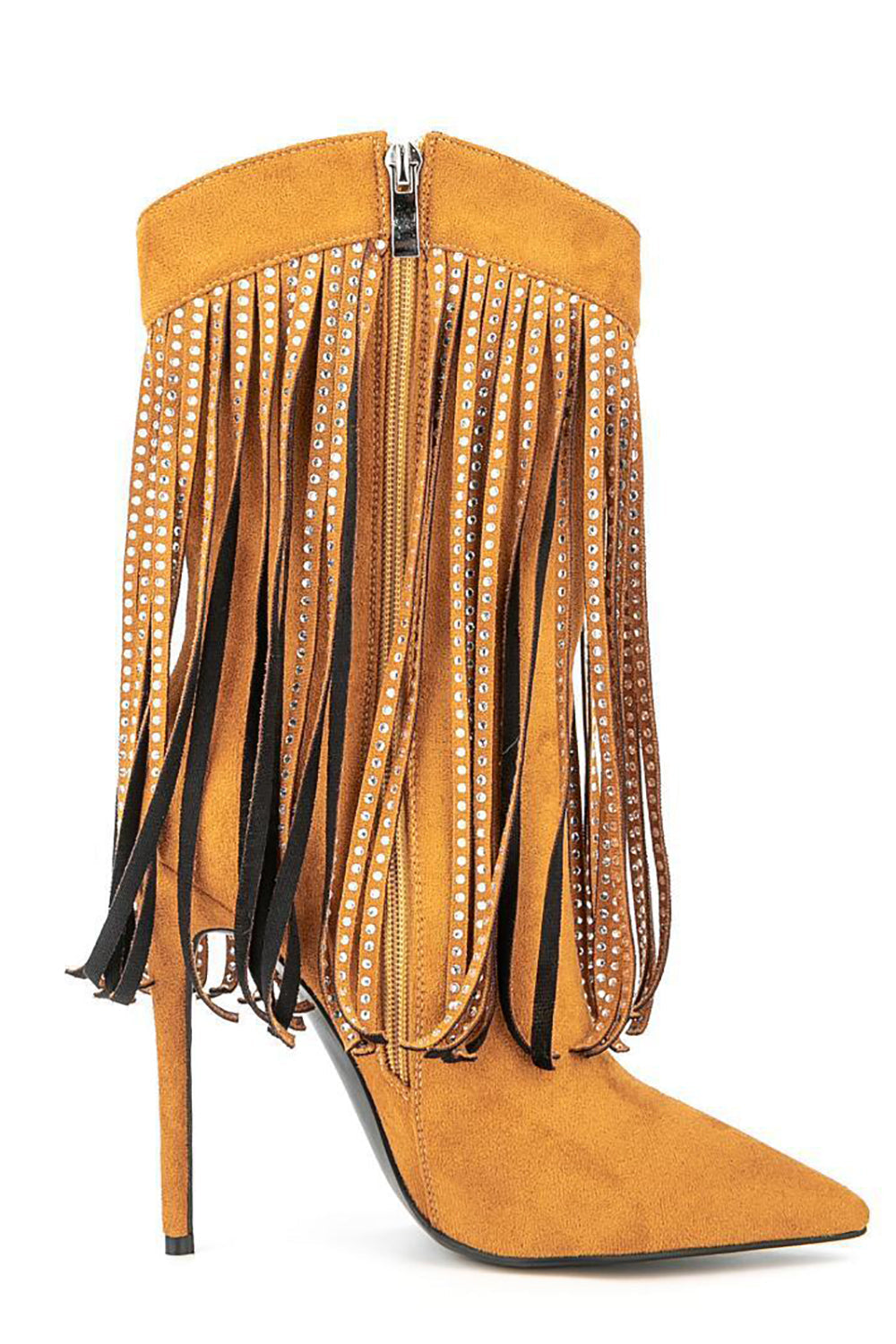 Bottines noires à talons aiguilles, franges en strass et effet daim