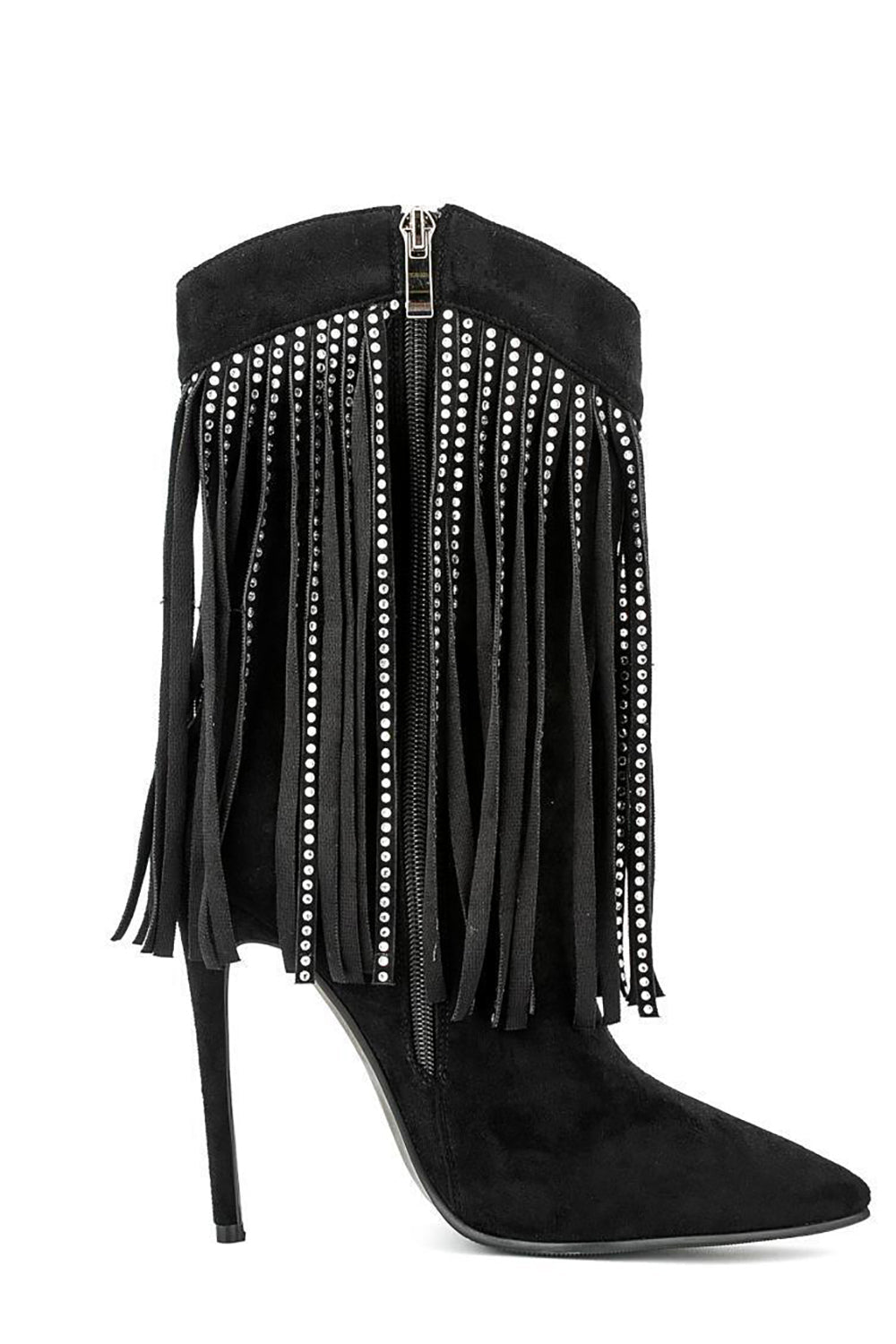 Bottines noires à talons aiguilles, franges en strass et effet daim