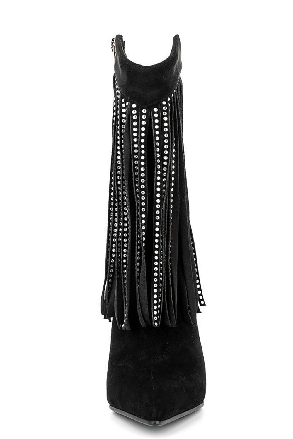 Bottines noires à talons aiguilles, franges en strass et effet daim