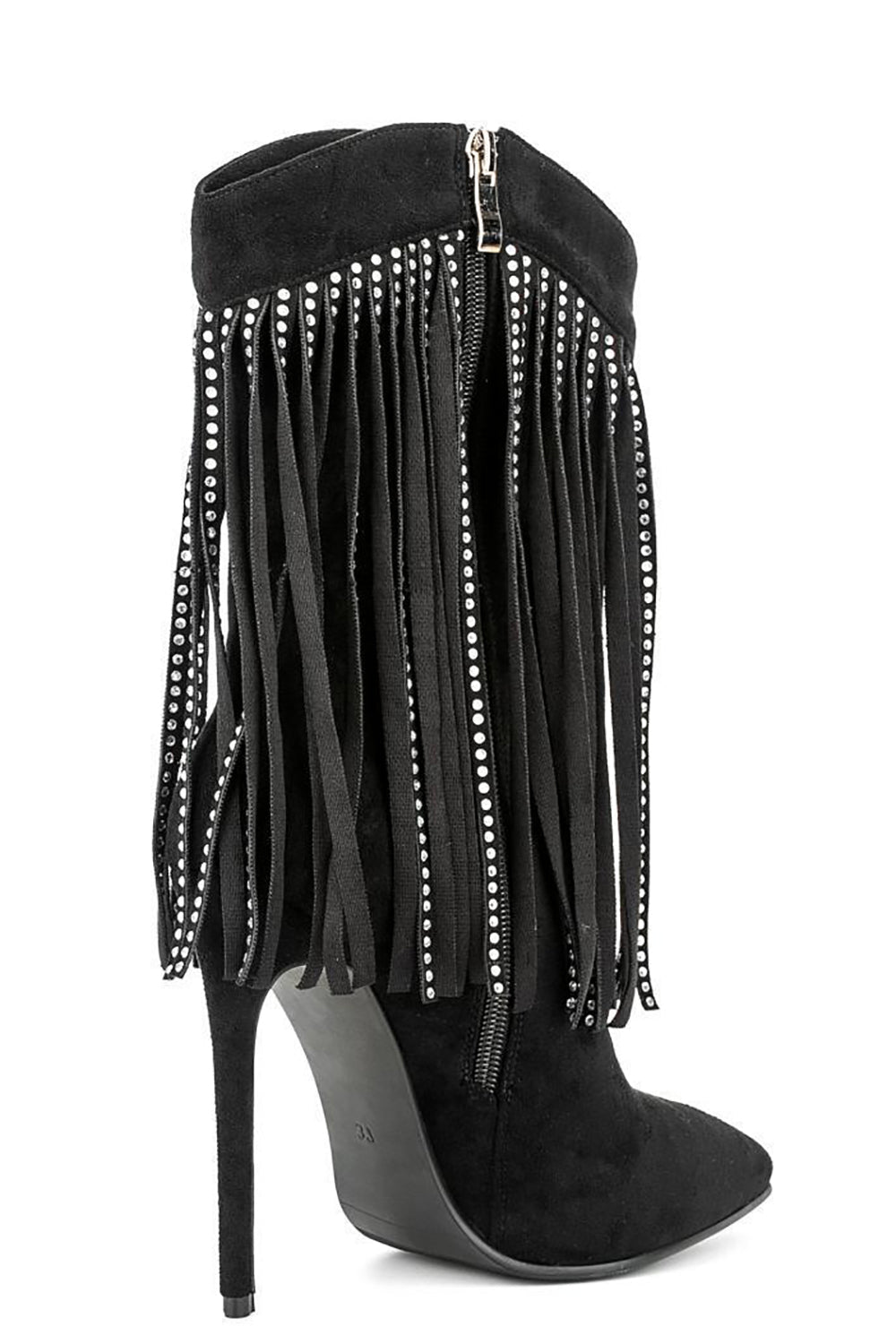 Bottines noires à talons aiguilles, franges en strass et effet daim