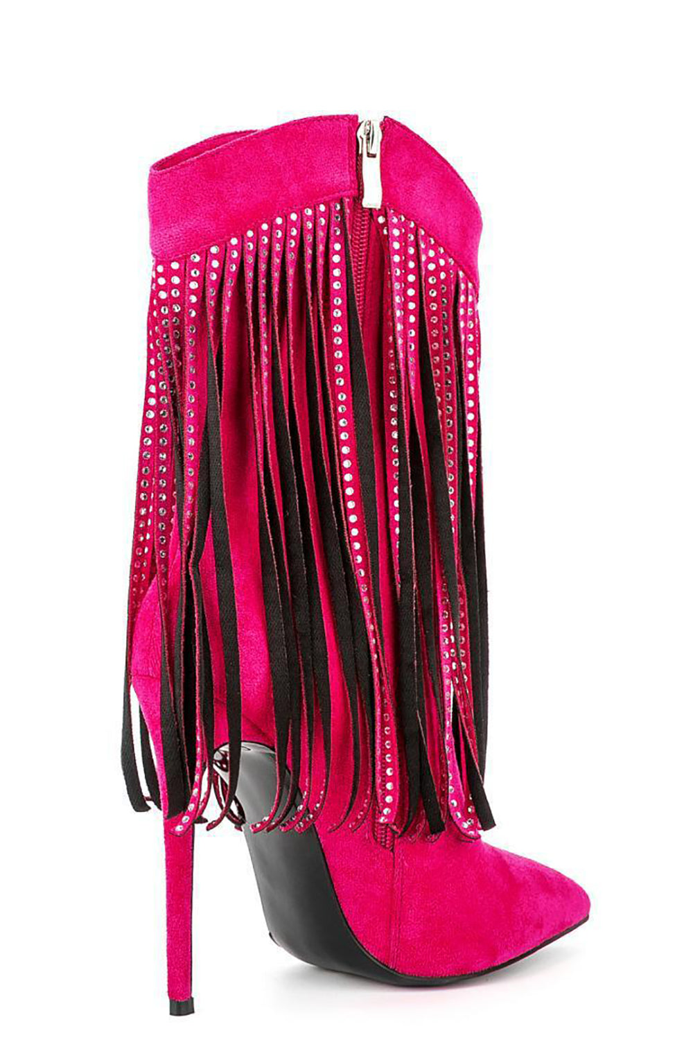 Bottines noires à talons aiguilles, franges en strass et effet daim
