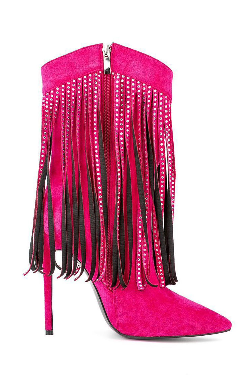 Bottines noires à talons aiguilles, franges en strass et effet daim