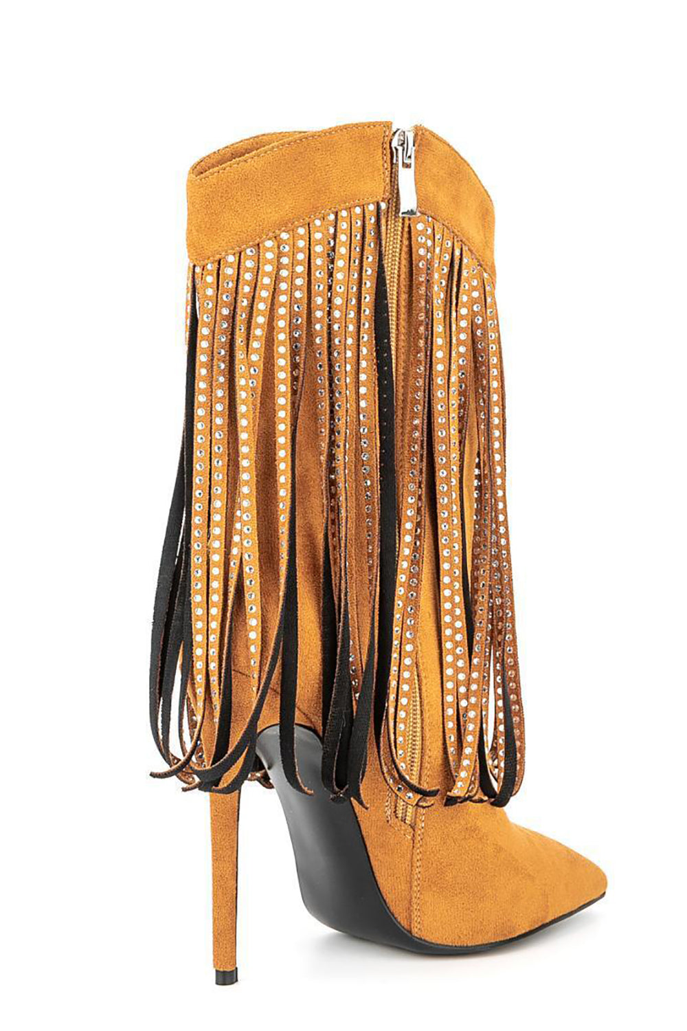 Bottines noires à talons aiguilles, franges en strass et effet daim
