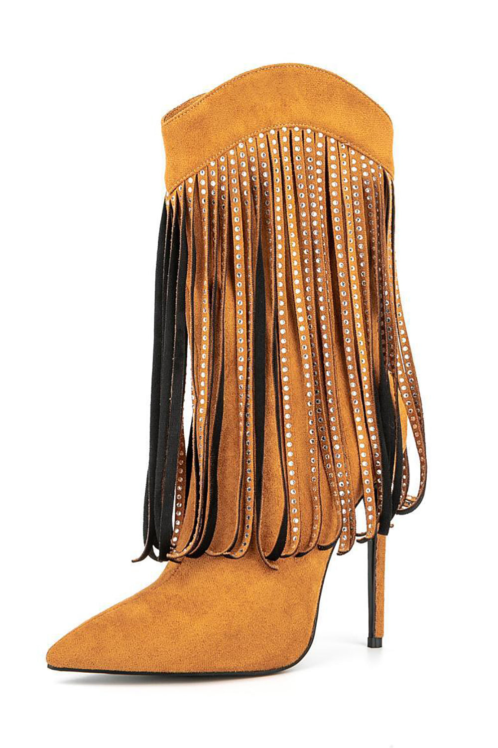 Bottines noires à talons aiguilles, franges en strass et effet daim