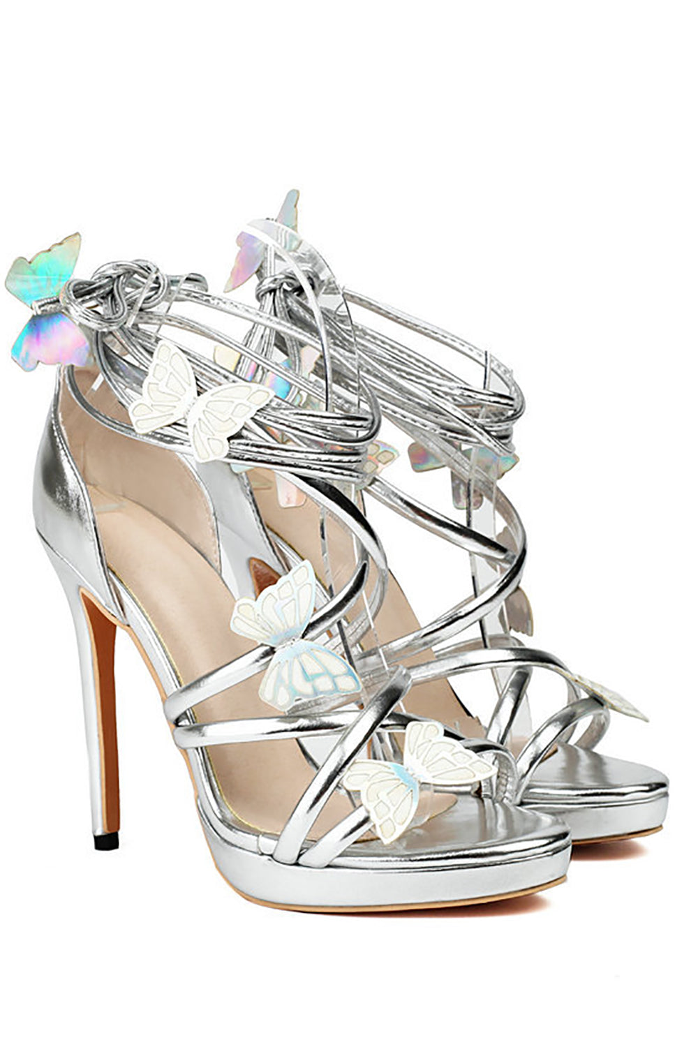 Women's Golden Metallic Strappy Stiletto Heel Sandals with Butterfly
