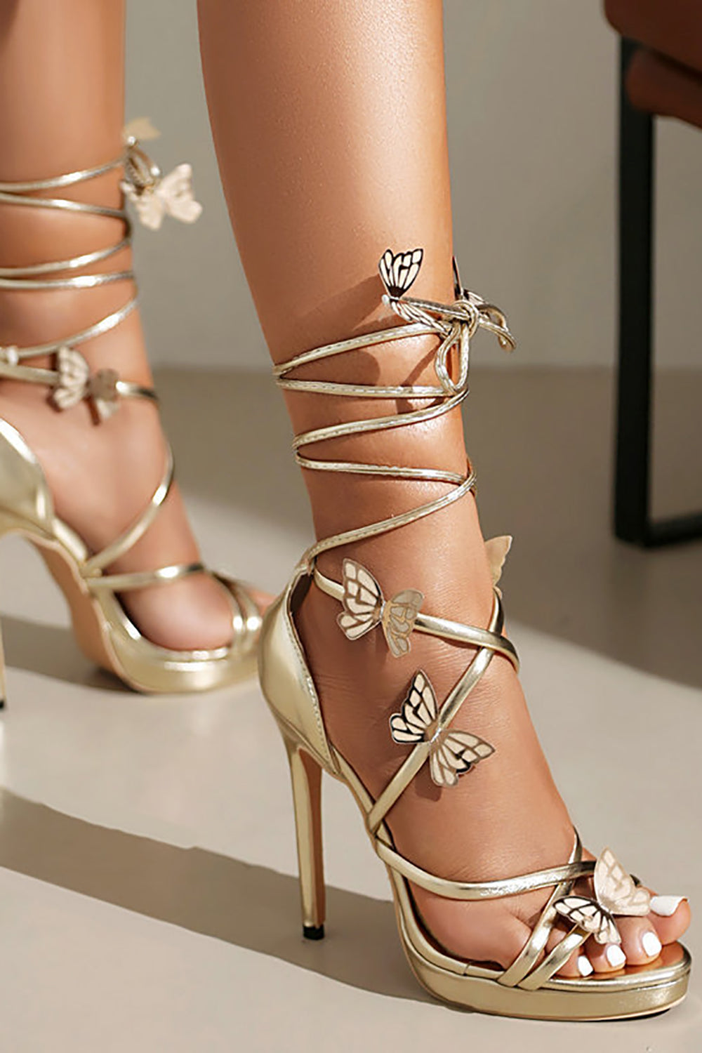 Women's Golden Metallic Strappy Stiletto Heel Sandals with Butterfly