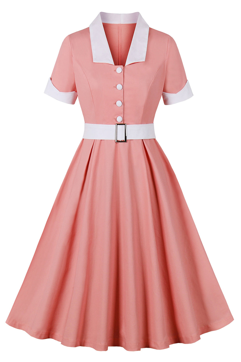 Robe trapèze vintage années 50 col revers rose poudré