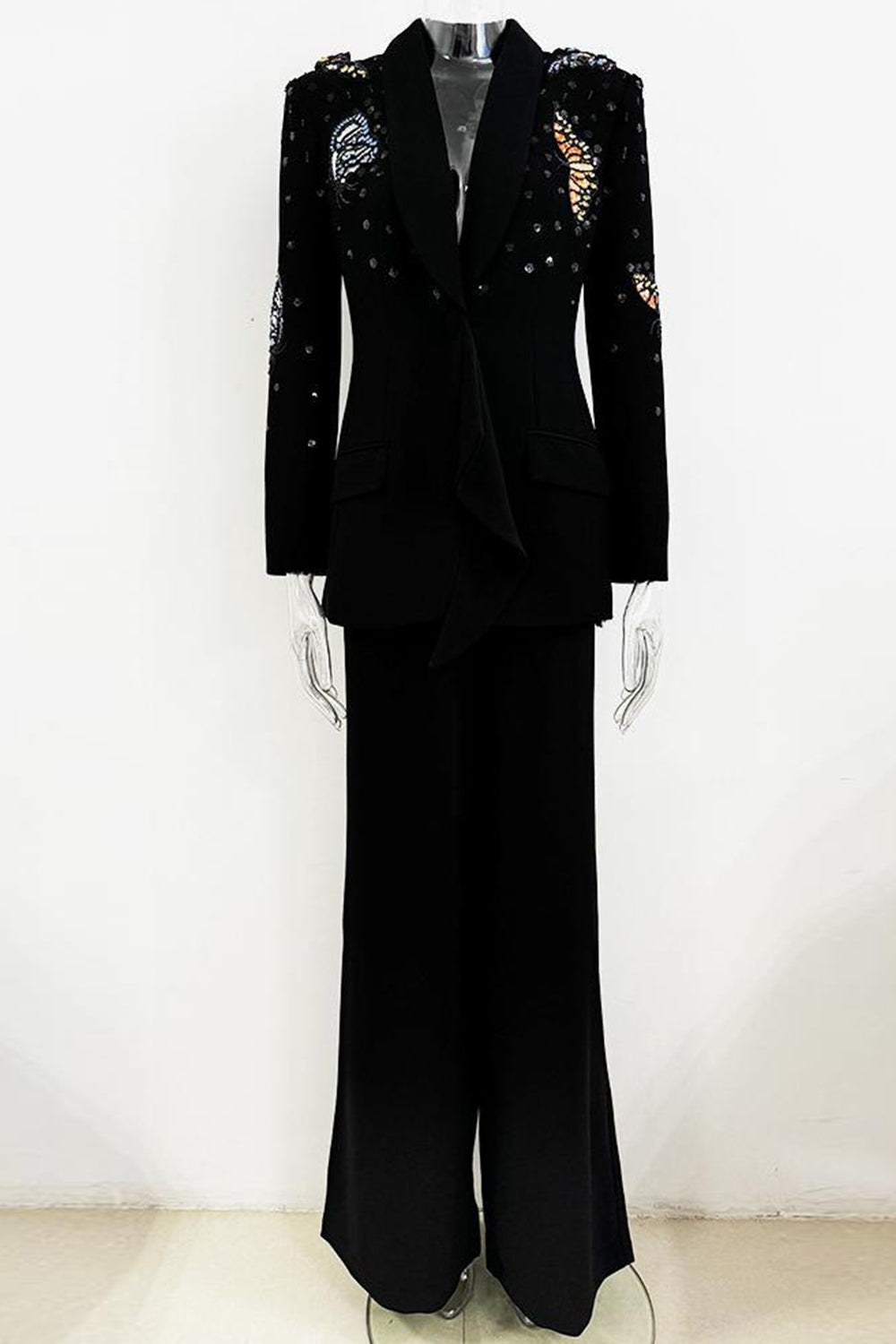 Black Shawl Lapel 2-Piece Women's Suit with Butterflies