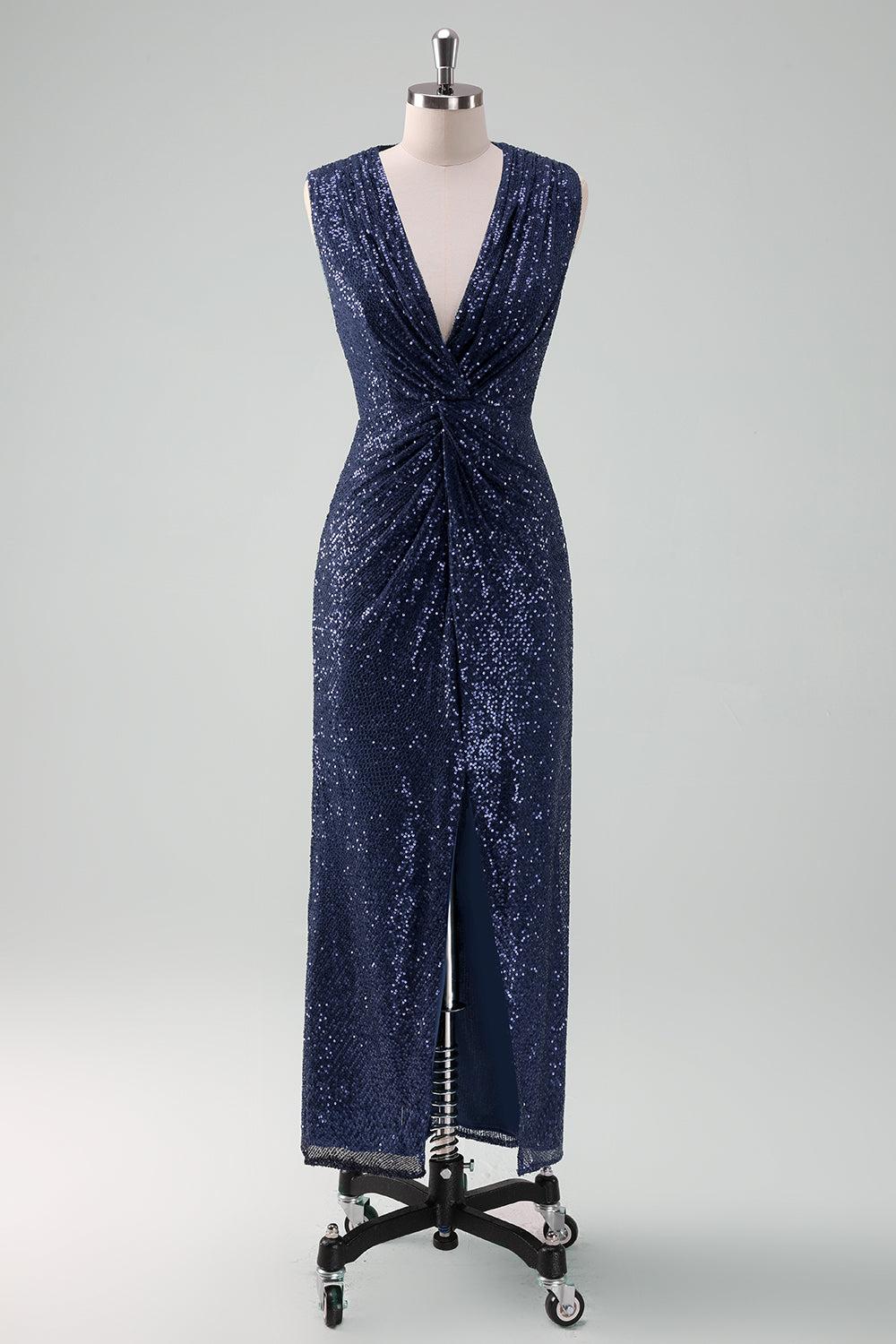 Sparkly Navy Sheath Sequins Ruched Choir Dress with Slit