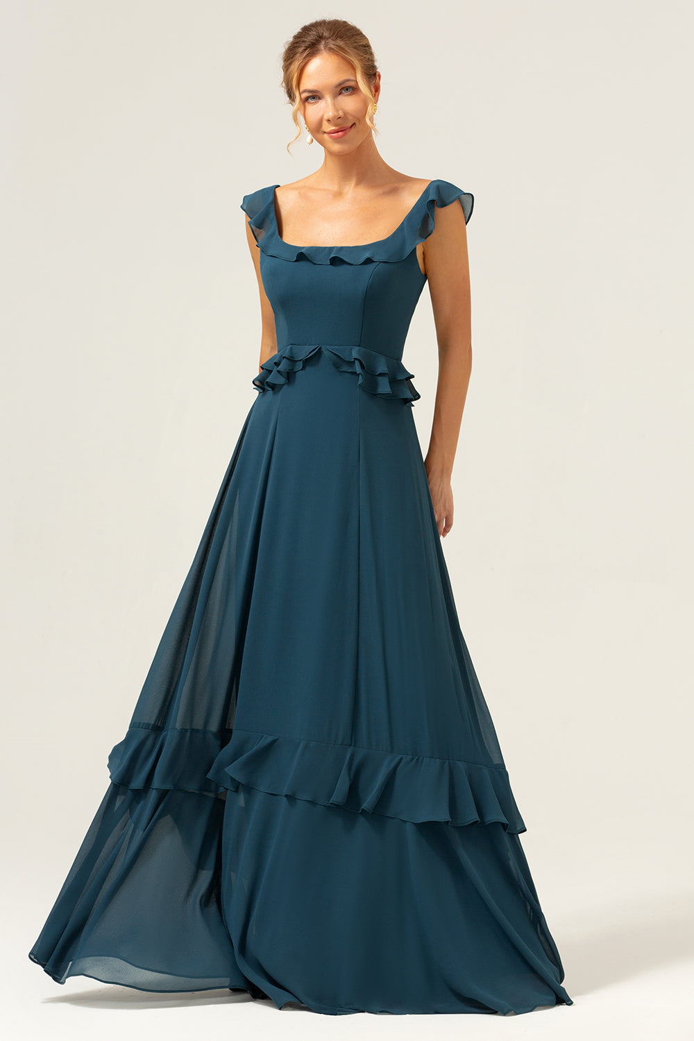 Robe de demoiselle d'honneur longue en mousseline vert paon foncé en ligne A à col rond