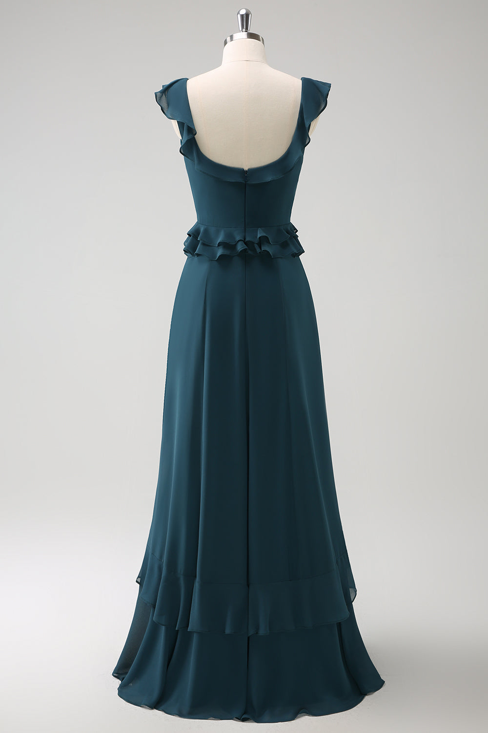 Robe de demoiselle d'honneur longue en mousseline vert paon foncé en ligne A à col rond
