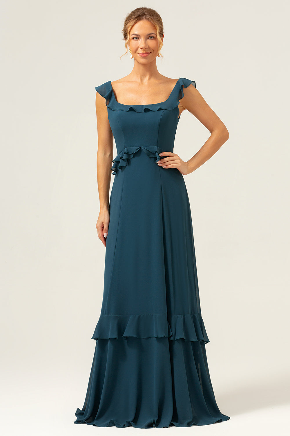 Robe de demoiselle d'honneur longue en mousseline vert paon foncé en ligne A à col rond