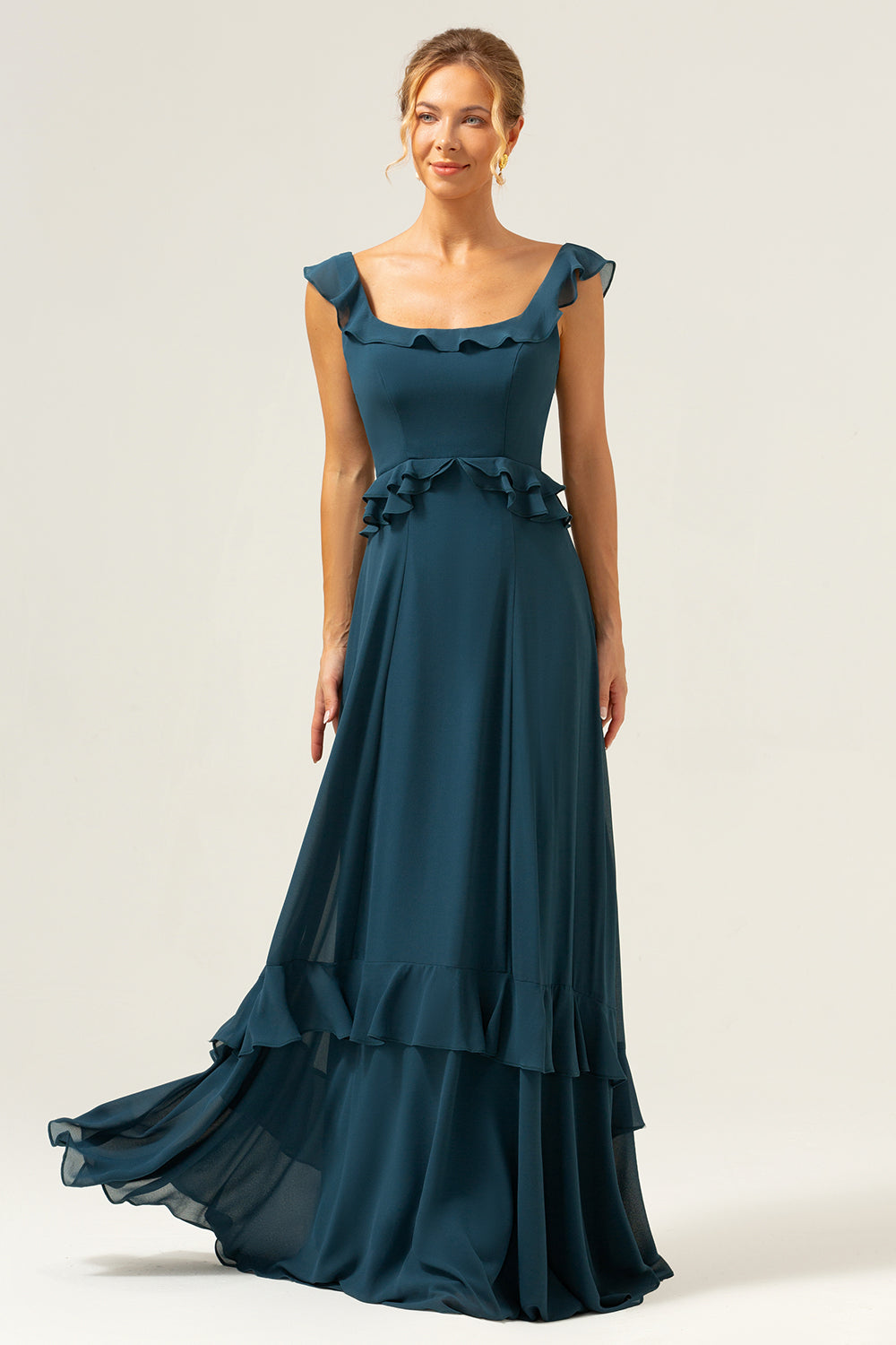 Robe de demoiselle d'honneur longue en mousseline vert paon foncé en ligne A à col rond