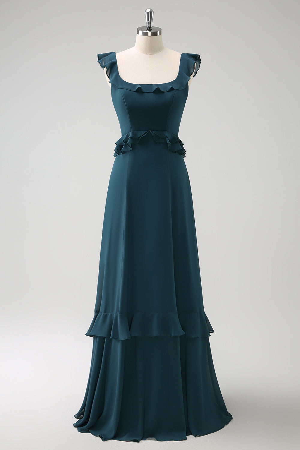 Robe de demoiselle d'honneur longue en mousseline vert paon foncé en ligne A à col rond