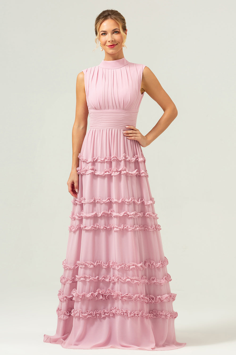 Robe longue de demoiselle d'honneur évasée en mousseline volantée vieux rose à dos ouvert