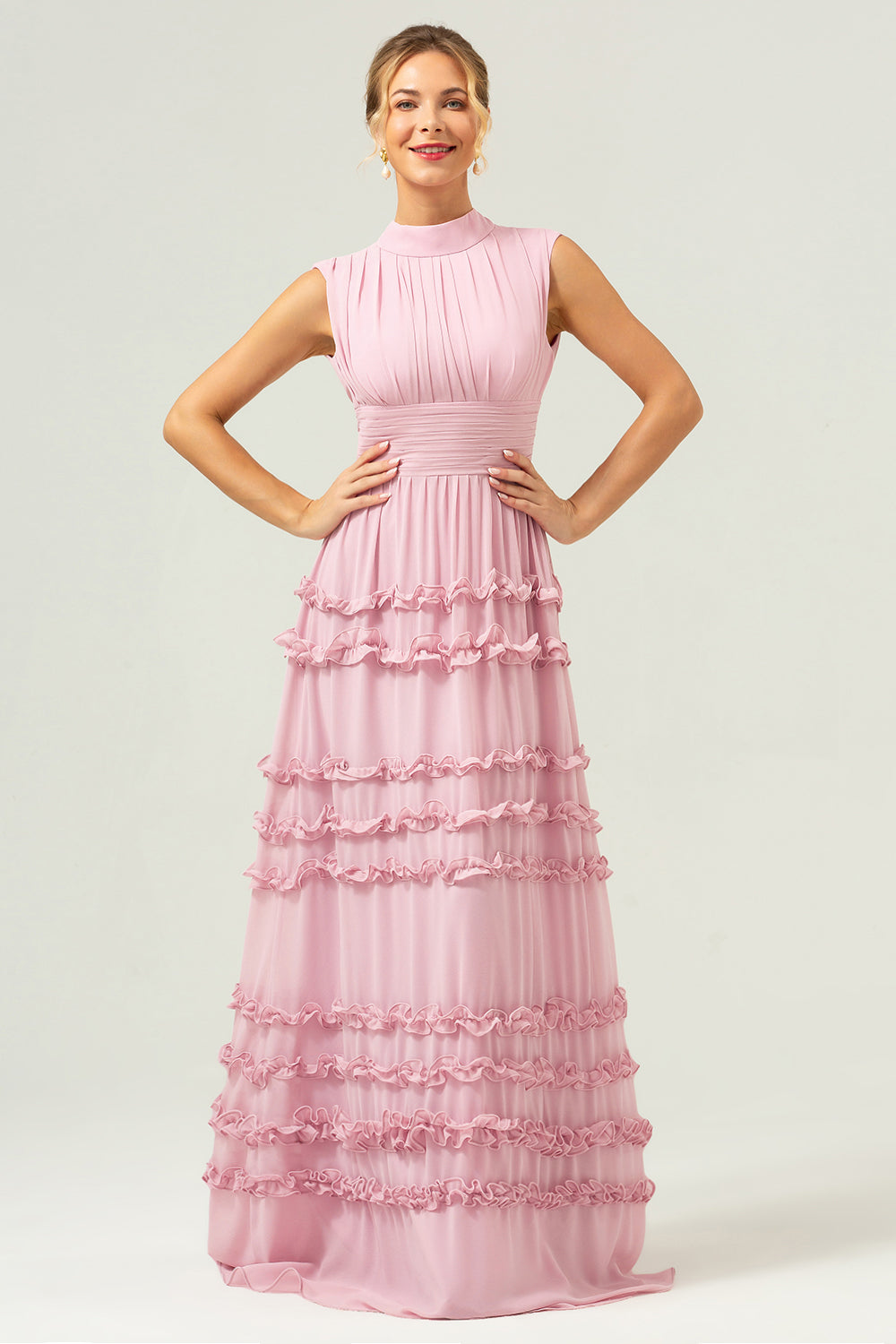Robe longue de demoiselle d'honneur évasée en mousseline volantée vieux rose à dos ouvert