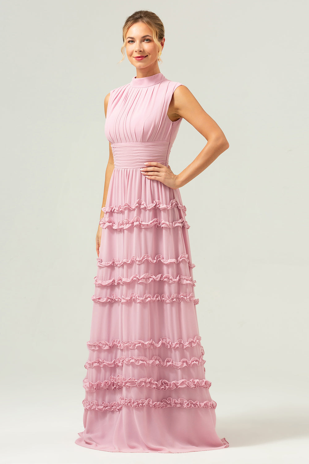 Robe longue de demoiselle d'honneur évasée en mousseline volantée vieux rose à dos ouvert