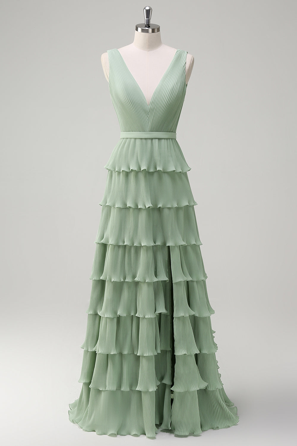 Dusty Sage A-Line V-Neck Chiffon Ruffled Tiered Bridesmaid Dress