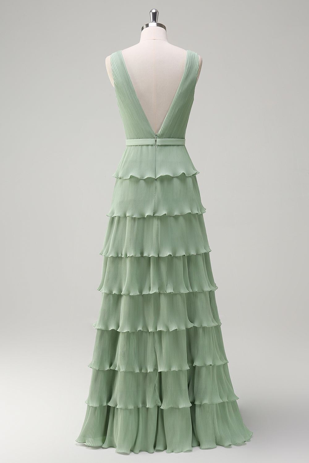 Dusty Sage A-Line V-Neck Chiffon Ruffled Tiered Bridesmaid Dress