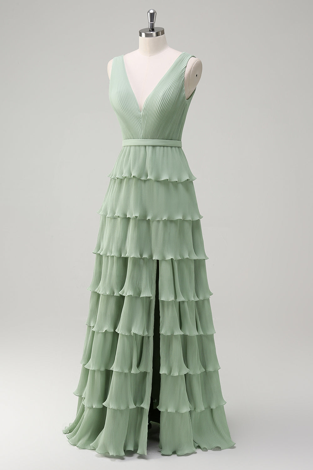 Dusty Sage A-Line V-Neck Chiffon Ruffled Tiered Bridesmaid Dress