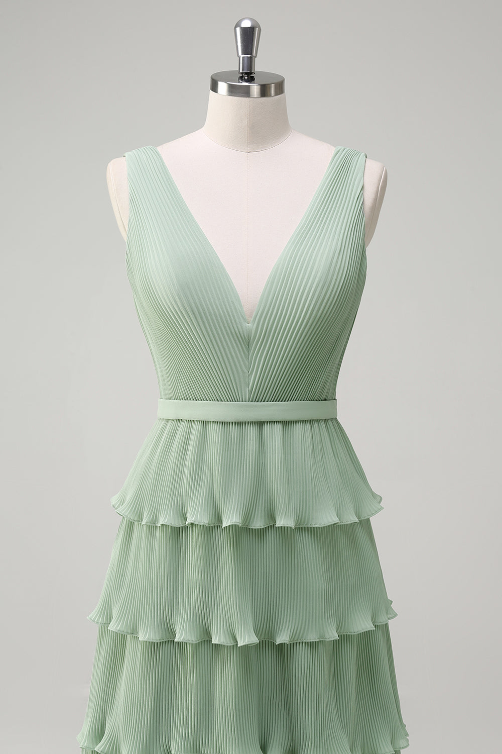 Dusty Sage A-Line V-Neck Chiffon Ruffled Tiered Bridesmaid Dress