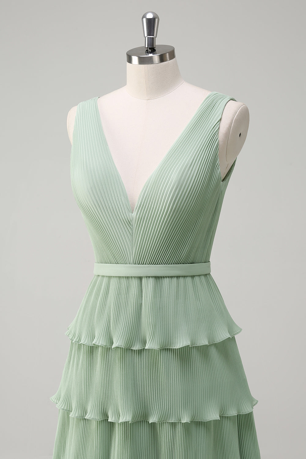 Dusty Sage A-Line V-Neck Chiffon Ruffled Tiered Bridesmaid Dress