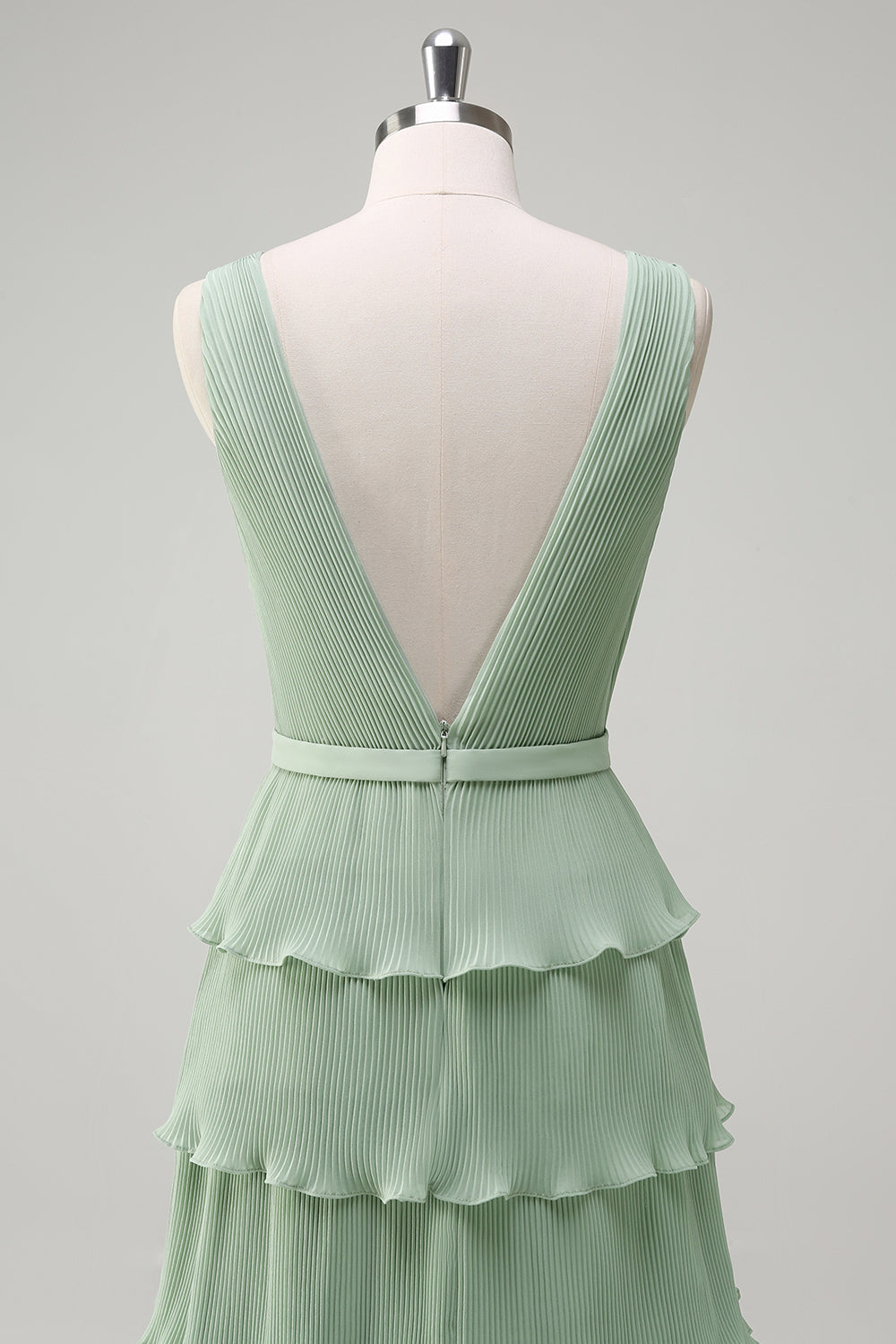 Dusty Sage A-Line V-Neck Chiffon Ruffled Tiered Bridesmaid Dress
