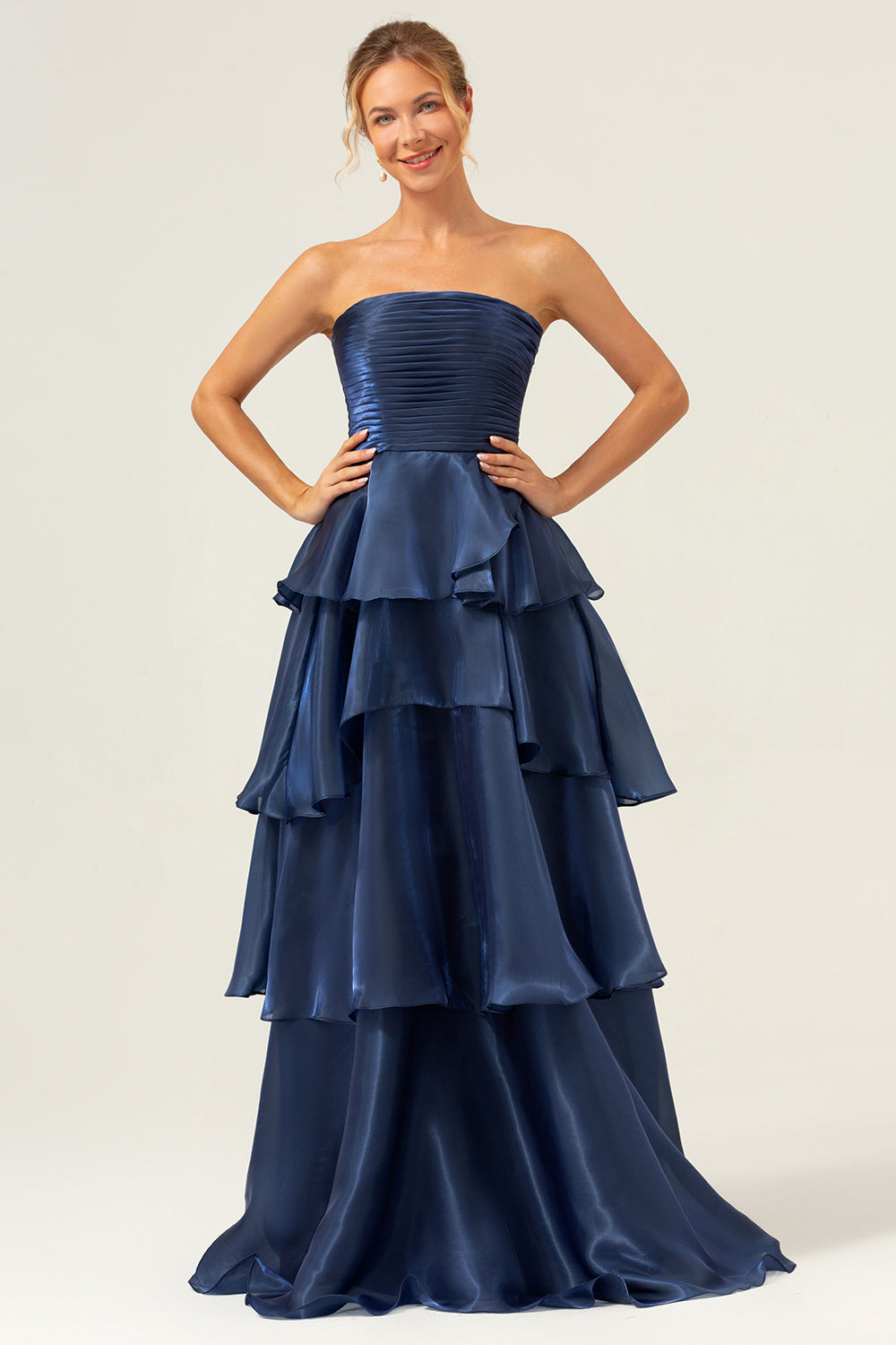 Blue A Line Strapless Tiered Satin Long Prom Dress