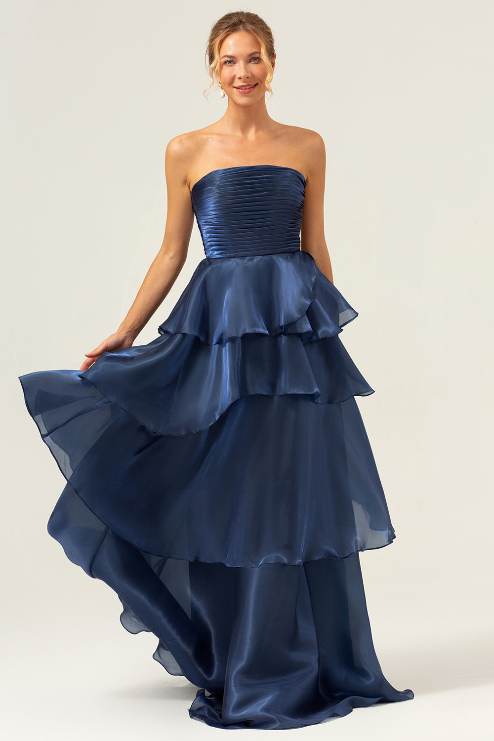 Blue A Line Strapless Tiered Satin Long Prom Dress