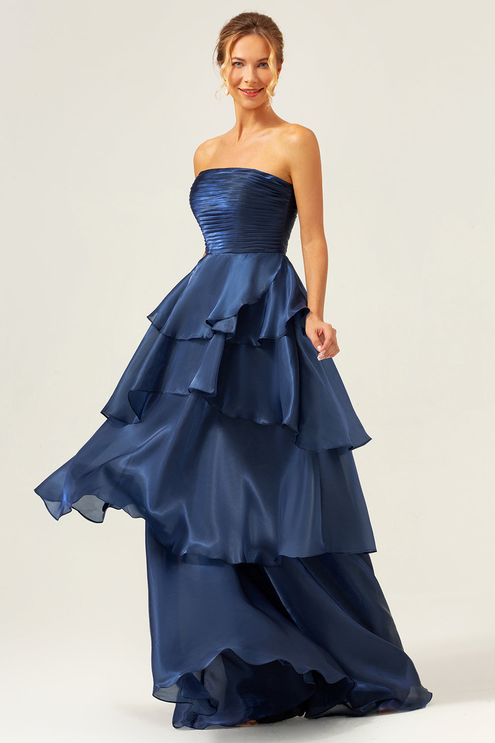 Blue A Line Strapless Tiered Satin Long Prom Dress